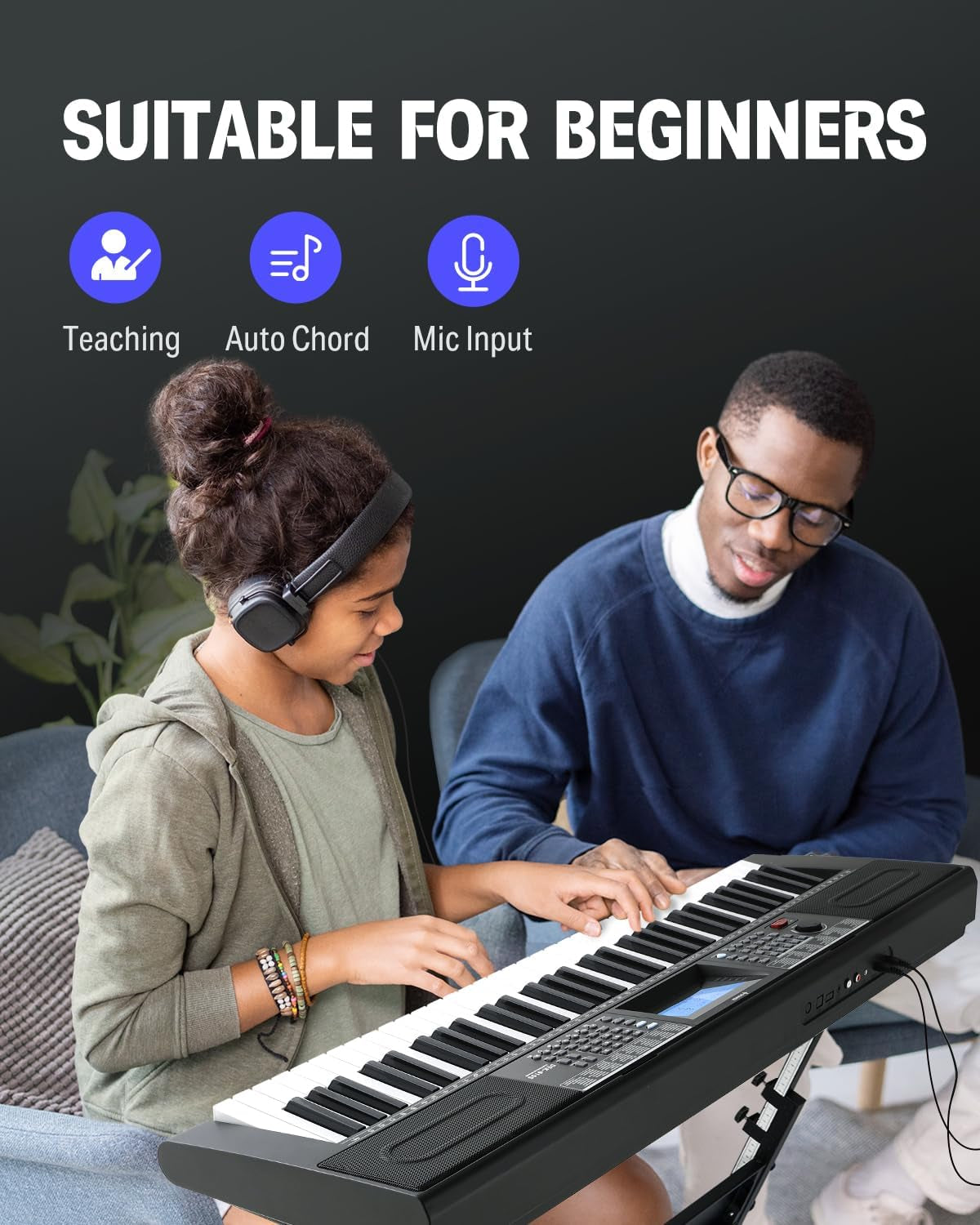 61 Key Keyboard Piano, Electric Piano Keyboard Kit with 249 Voices, 249 Rhythms - Includes Piano Stand, Stool, Microphone, Gift for Beginners, Black (DEK-610S)