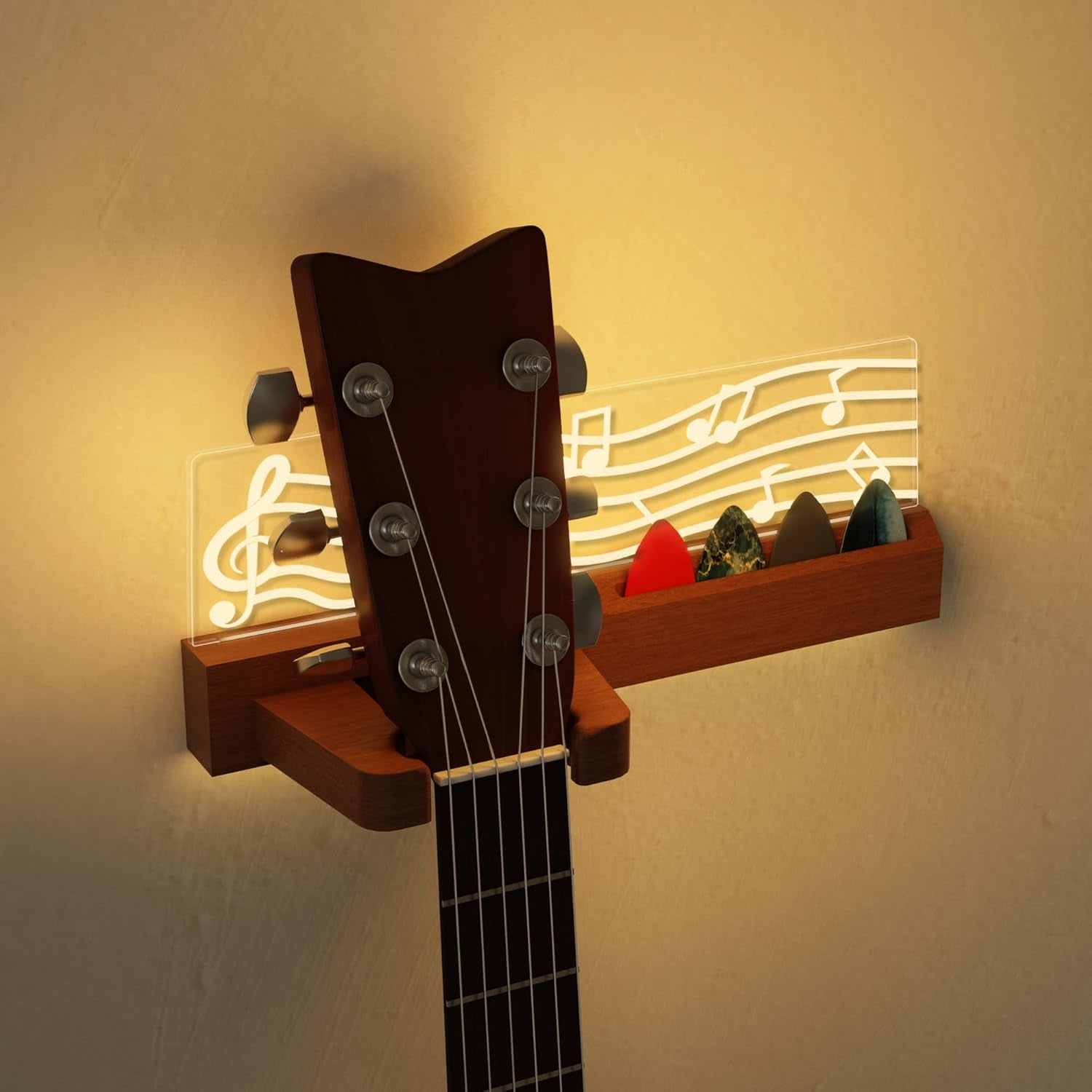Guitar Wall Mount Stand with LED Lights - Solid Wood & Acrylic Usb-Powered Guitar Accessories - Gift for Men, Guitar Players, Music Lovers (For Acoustic, Electric Bass, Ukulele)