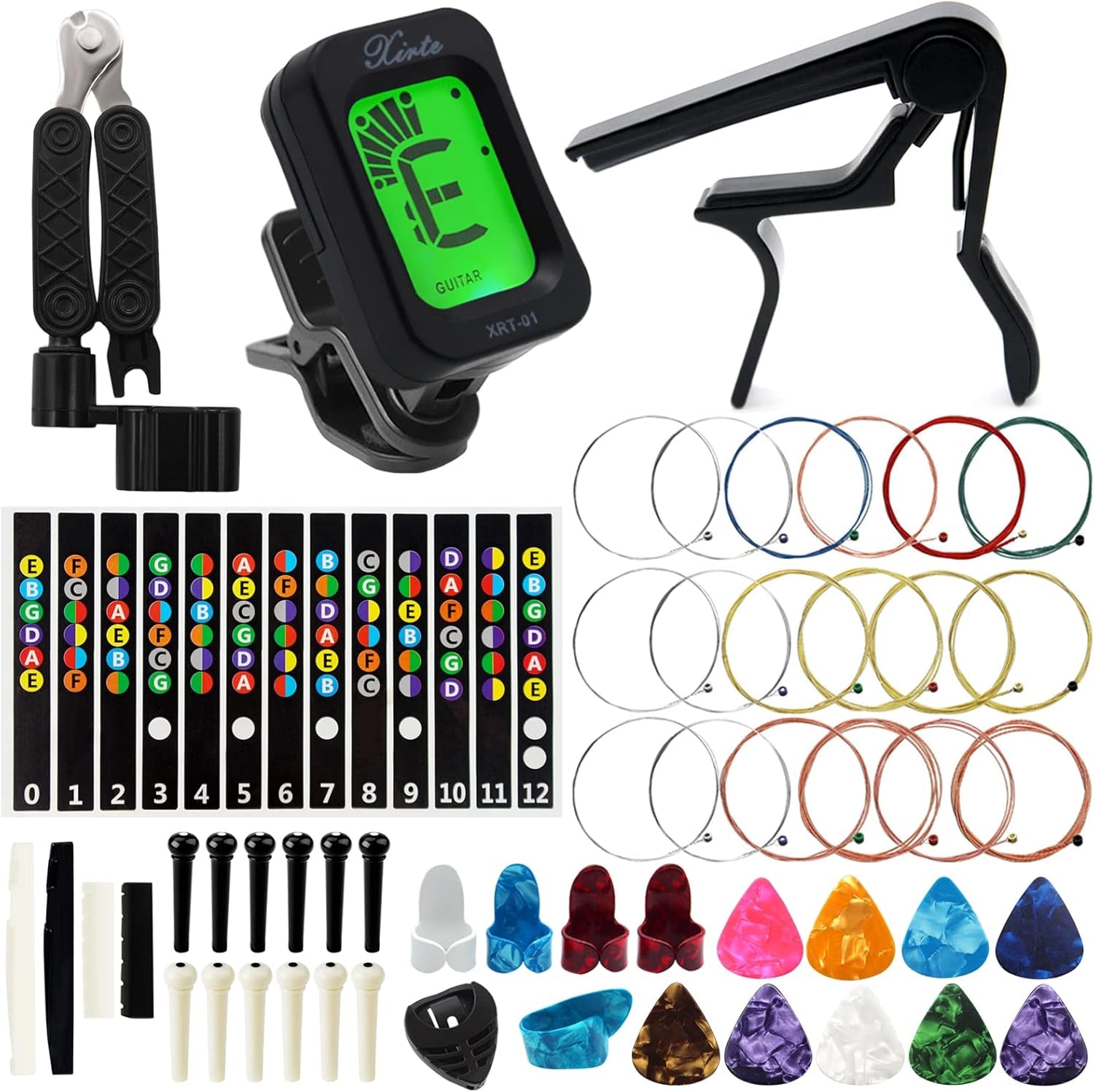 Acoustic Guitar Accessories Kit Including Acoustic Guitar Strings, Tuner, Guitar Capo, 3-In-1 Restring Tool, Guitar Picks, Pick Holder, Bridge Pins, Guitar Nuts Saddles, Finger Picks (53 Pcs)
