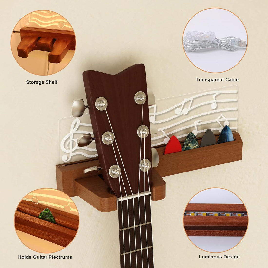 Guitar Wall Mount Stand with LED Lights - Solid Wood & Acrylic Usb-Powered Guitar Accessories - Gift for Men, Guitar Players, Music Lovers (For Acoustic, Electric Bass, Ukulele)