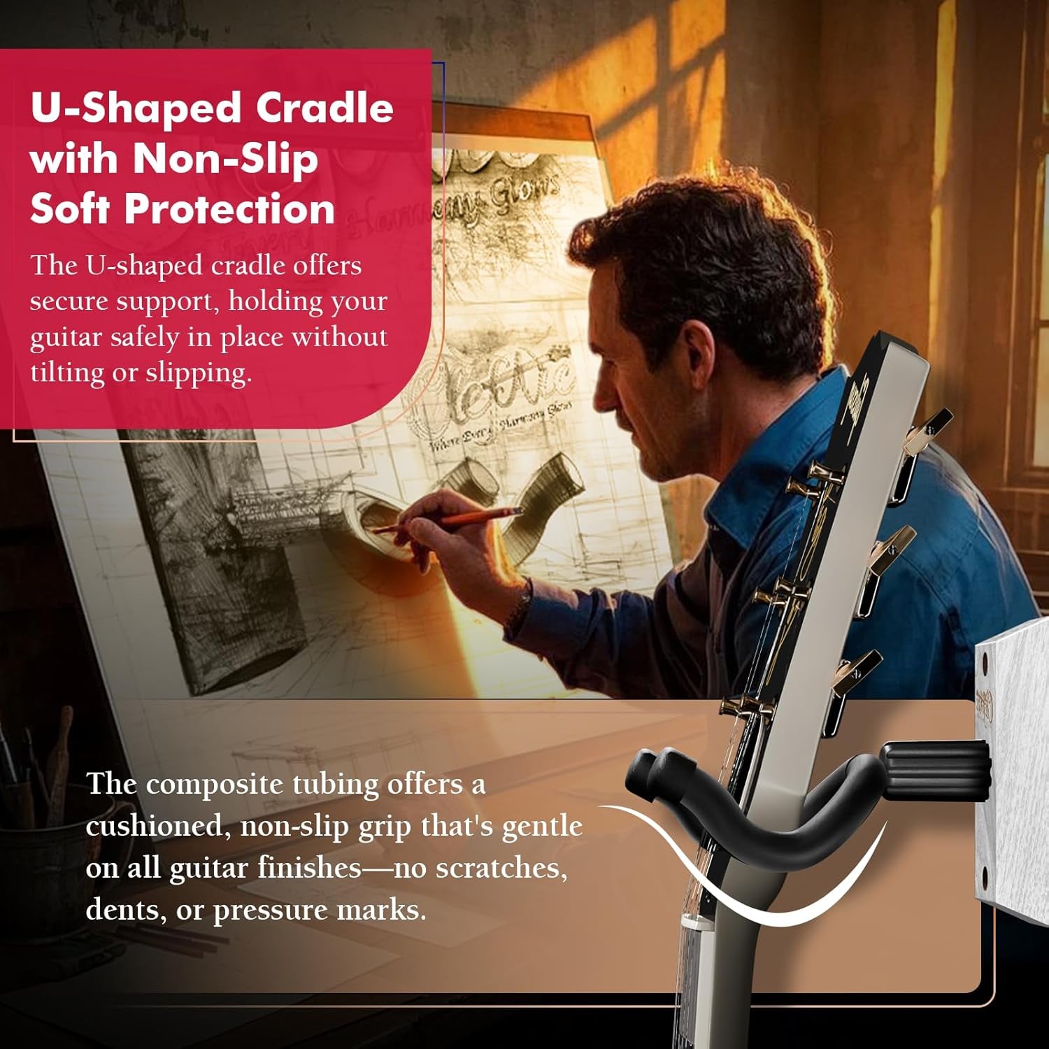 Guitar Wall Mount 2 Pack, White Guitar Wall Hangers, Guitar Picks, Pick Holder, Guitar Accessories, U-Shape Hardwood Guitar Hanger, Gifts for Guitarists, with 6 Assorted Guitar Picks