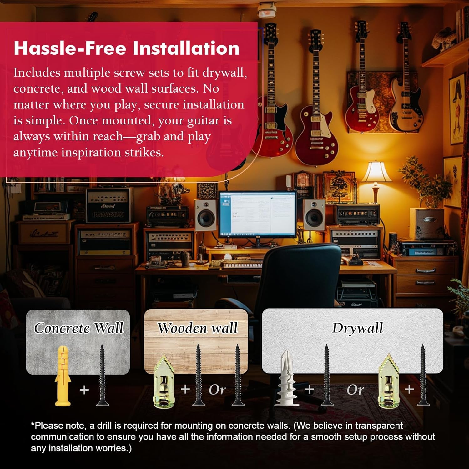 Guitar Wall Mount 2 Pack, White Guitar Wall Hangers, Guitar Picks, Pick Holder, Guitar Accessories, U-Shape Hardwood Guitar Hanger, Gifts for Guitarists, with 6 Assorted Guitar Picks