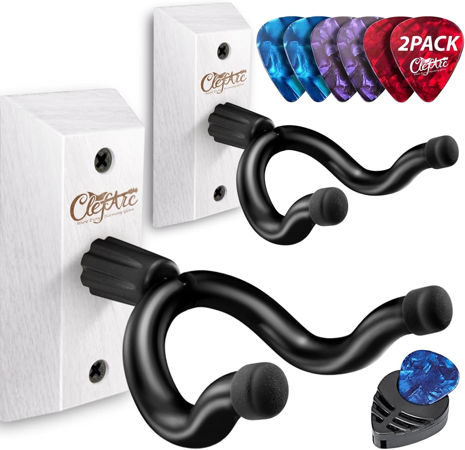 Guitar Wall Mount 2 Pack, White Guitar Wall Hangers, Guitar Picks, Pick Holder, Guitar Accessories, U-Shape Hardwood Guitar Hanger, Gifts for Guitarists, with 6 Assorted Guitar Picks