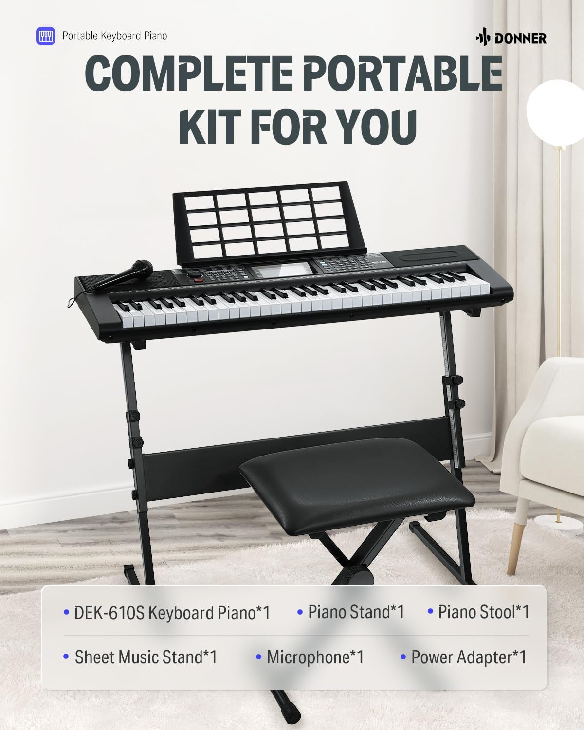 61 Key Keyboard Piano, Electric Piano Keyboard Kit with 249 Voices, 249 Rhythms - Includes Piano Stand, Stool, Microphone, Gift for Beginners, Black (DEK-610S)