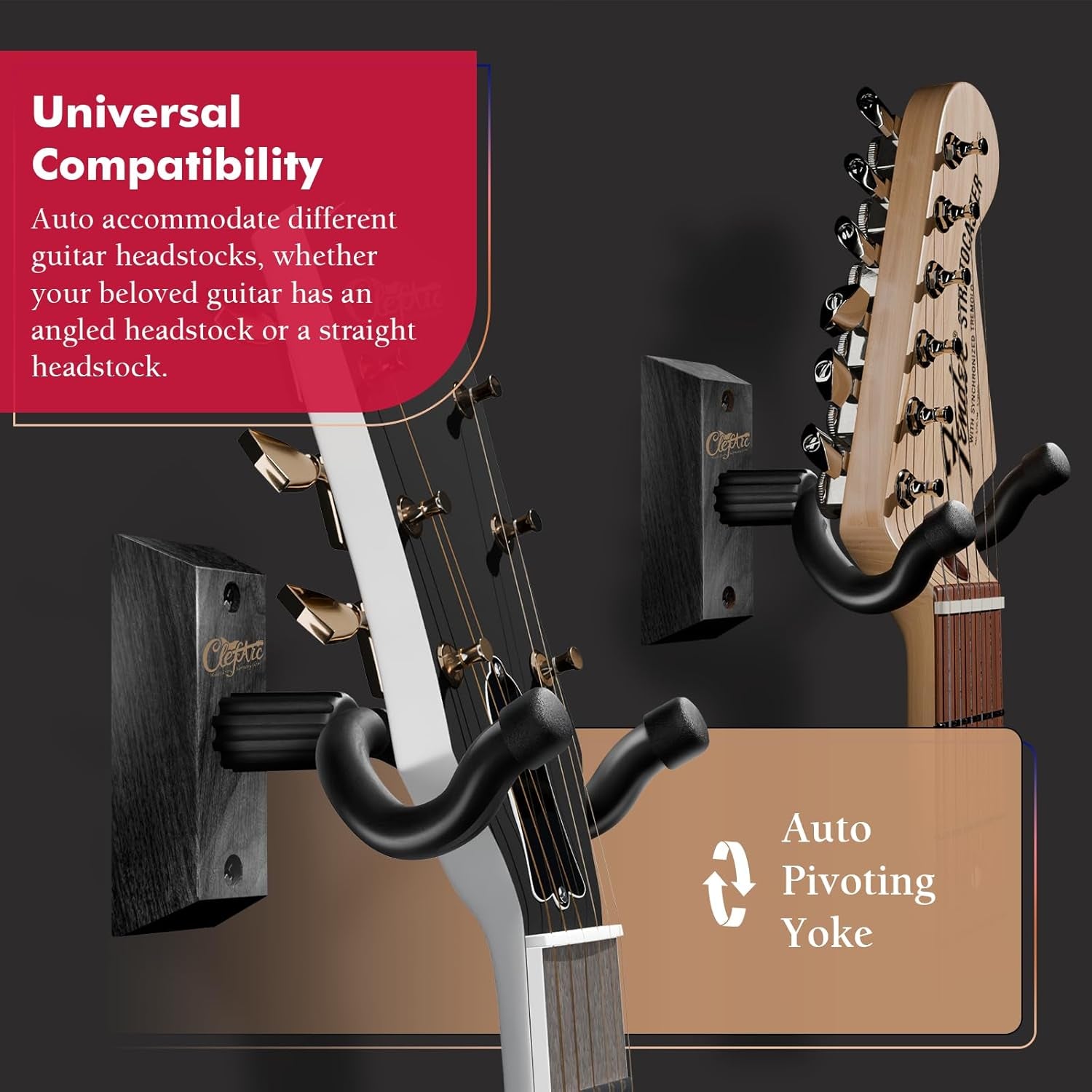 Guitar Wall Mount 2 Pack, White Guitar Wall Hangers, Guitar Picks, Pick Holder, Guitar Accessories, U-Shape Hardwood Guitar Hanger, Gifts for Guitarists, with 6 Assorted Guitar Picks