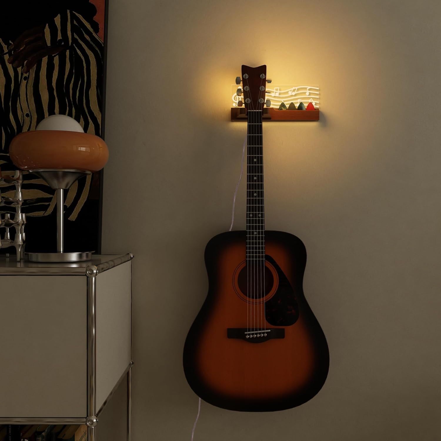 Guitar Wall Mount Stand with LED Lights - Solid Wood & Acrylic Usb-Powered Guitar Accessories - Gift for Men, Guitar Players, Music Lovers (For Acoustic, Electric Bass, Ukulele)